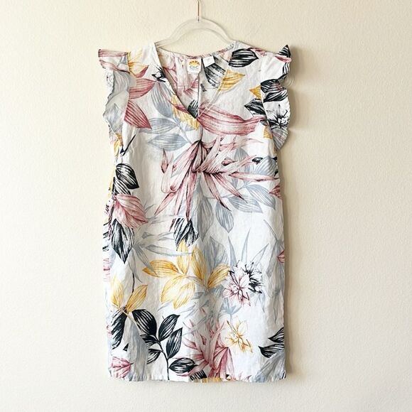 C & C California 100% Linen V Neck Floral Leaf Print Shift Dress - Picture 1 of 6